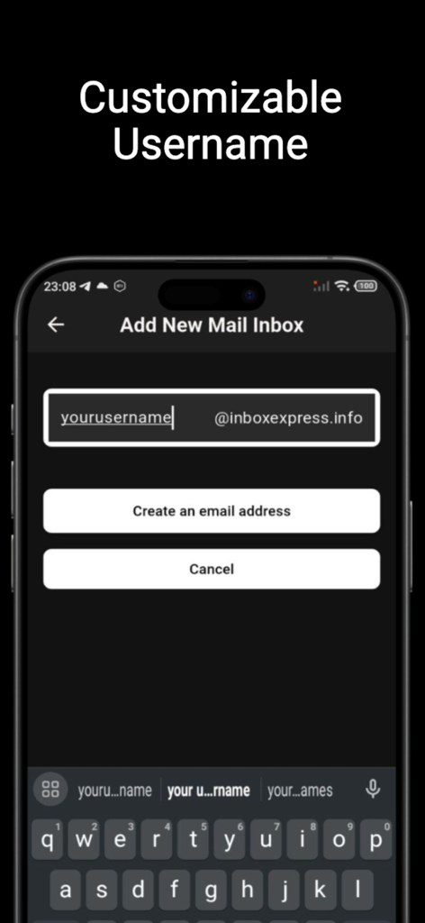Interface para criar um nome de usuário personalizado para um endereço de e-mail temporário.