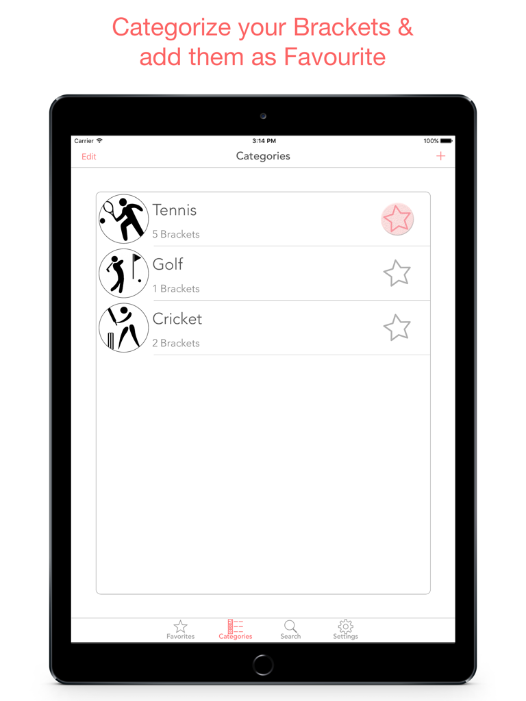 Screenshot of the categories screen in the Bracket Tournament Builder app on iPad