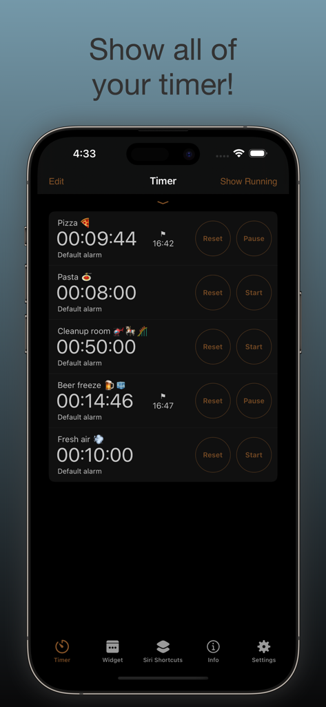 timer. - Multi Countdown Timer - Interface of a multi countdown timer app on iPhone showing multiple active timers simultaneously