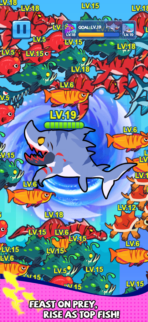 Fish Realm-Ocean Devour - Level 19 shark character surrounded by various smaller fish and marine creatures in an underwater survival game