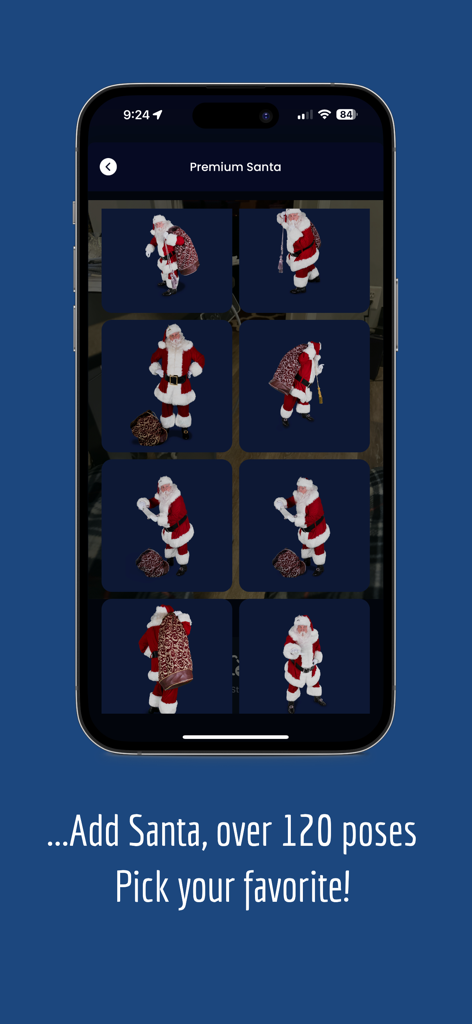 Mobile app screen showing a grid of various realistic Santa Claus poses to add to photos
