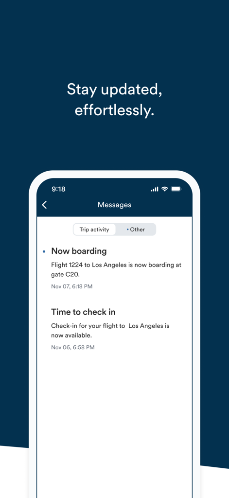 アラスカ航空アプリのメッセージセンター。搭乗とチェックインの通知が表示されます。