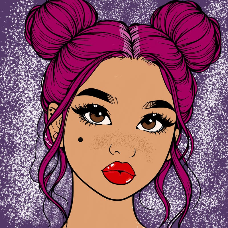 realistic girl with two buns on her hair and lips