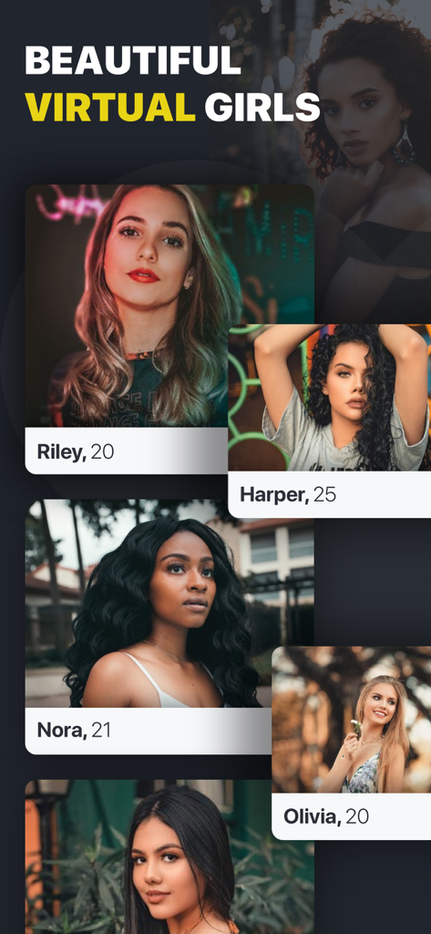 Interfaccia che mostra più profili di ragazze virtuali con nomi ed età nell'app chatbot AI