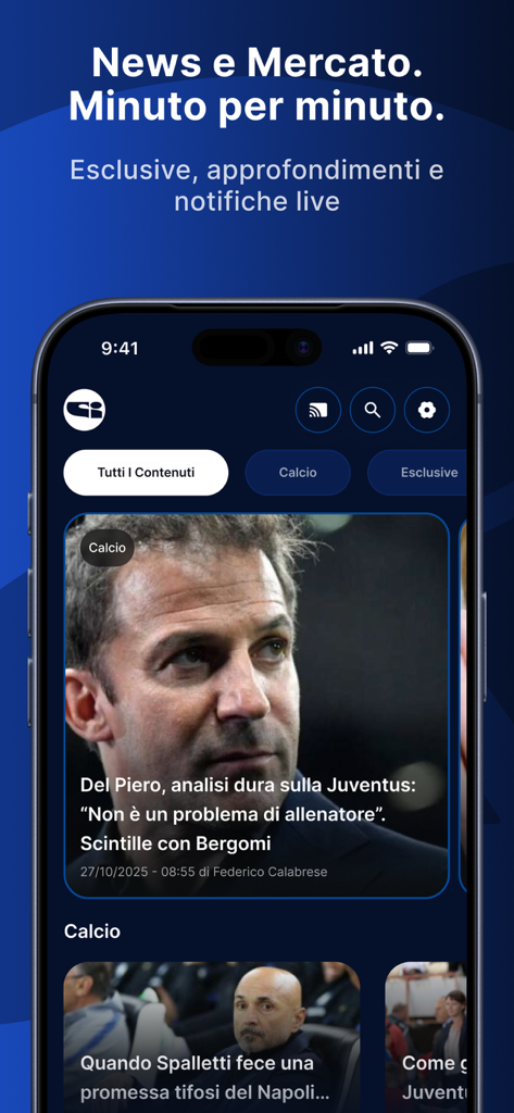 Feed di notizie dell'app Sportitalia che mostra articoli di calcio italiano e aggiornamenti sul calciomercato.