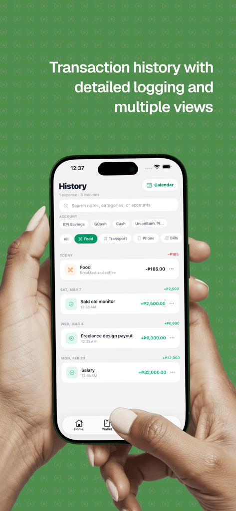 Tarsi - Budget Tracker - Tarsi app screenshot showing transaction history with expenses and income categorized by food, transport, and salary on a clean mobile interface.