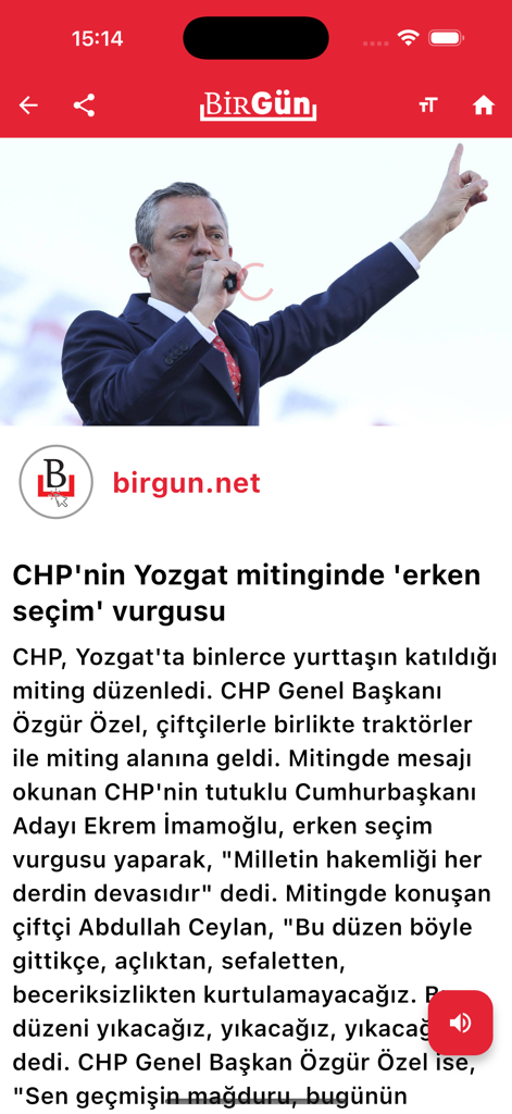 L'application mobile Birgun Gazetesi affichant un article d'actualité sur un rassemblement politique en Turquie