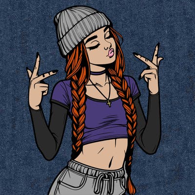 realistic teenage girl with braids and a beanie and crop top doing 🫶🏼