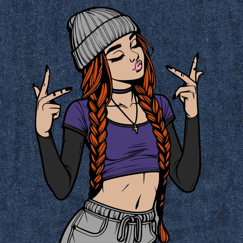 realistic teenage girl with braids and a beanie and crop top doing 🫶🏼