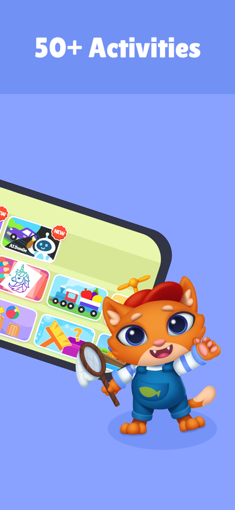 Personaggio di gatto cartone animato che evidenzia oltre cinquanta attività educative sullo schermo di un tablet