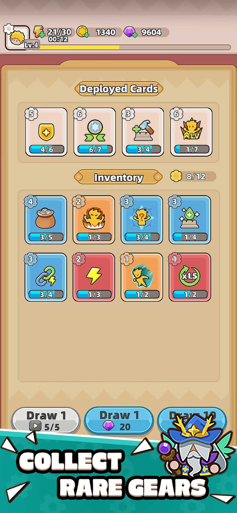 Gear Defenders - Menú de inventario y colección de cartas en el juego móvil Gear Defenders mostrando cartas desplegadas y engranajes raros.