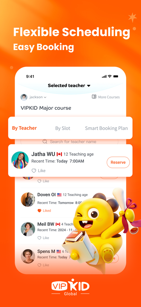 VIPKidアプリのインターフェースには、北米の講師との柔軟なスケジュール設定と講師予約が表示されています。