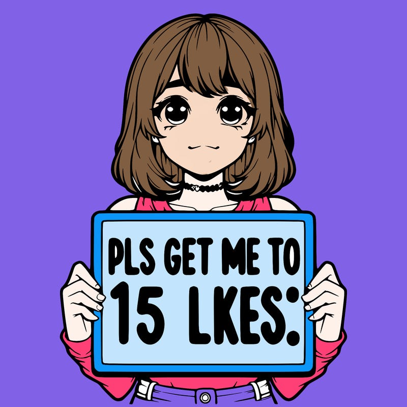 realistic girl holding up a sign that says “pls get me to 15 likes!”