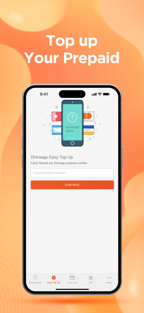 Dhiraagu app screen for easy prepaid mobile top up showing a mobile number input field and continue button