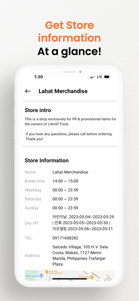 LAHAT - A mobile screen from the LAHAT app showing store information for Lahat Merchandise including hours of operation, phone number, and address in Makati.