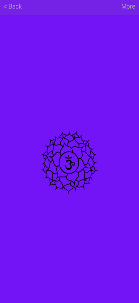 A minimalist purple meditation screen from the Chakra Chi app featuring a black lotus crown chakra symbol with an Om sign in the center.