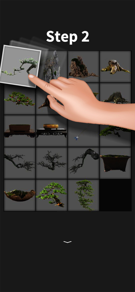 My Bonsai - A user interface showing a hand selecting a bonsai branch from a grid of tree parts and pots in the My Bonsai app.