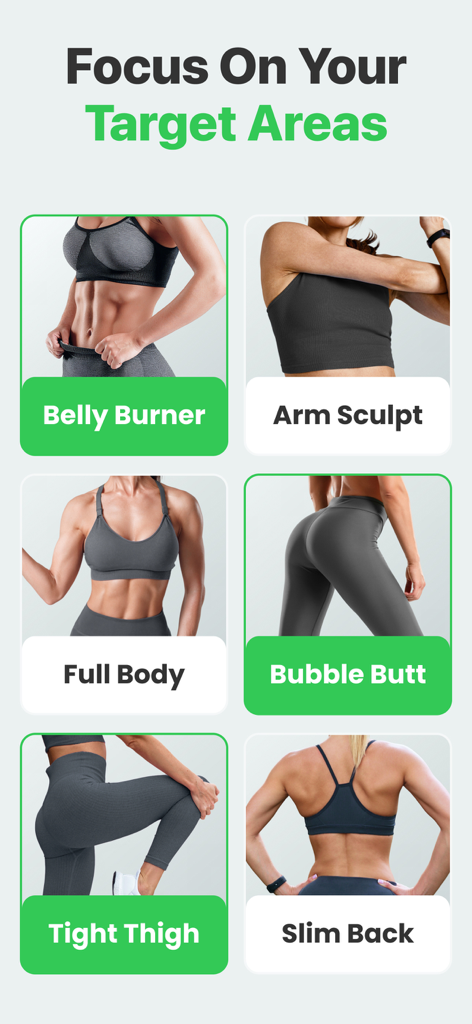 7 Minute Workout: Exercise App - Workout-Optionen für Zielbereiche, einschließlich Bauch-Brenner, Arm-Sculpt und Ganzkörperübungen.