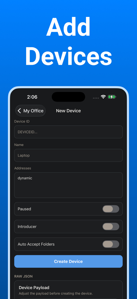 Syncthing Monitor - Interface for adding a new device in the Syncthing Monitor app showing form fields for device ID and name.