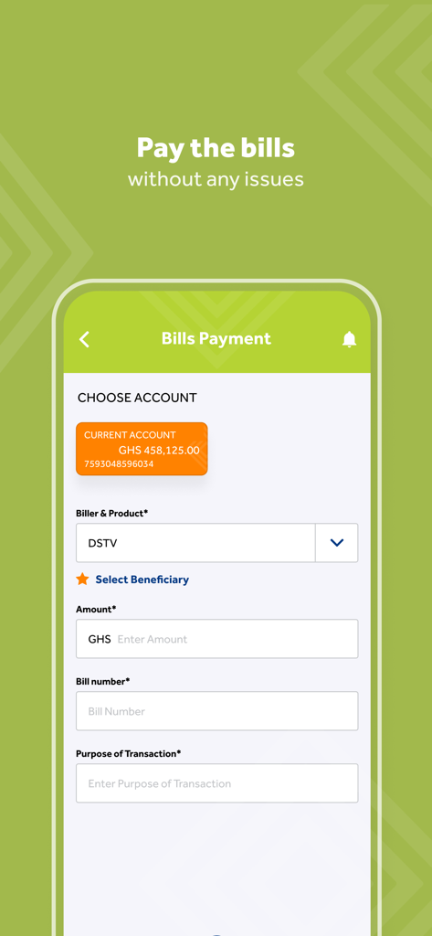가나 세디로 DSTV 및 기타 공과금을 납부하기 위한 Access Bank Ghana 모바일 앱 요금 납부 화면