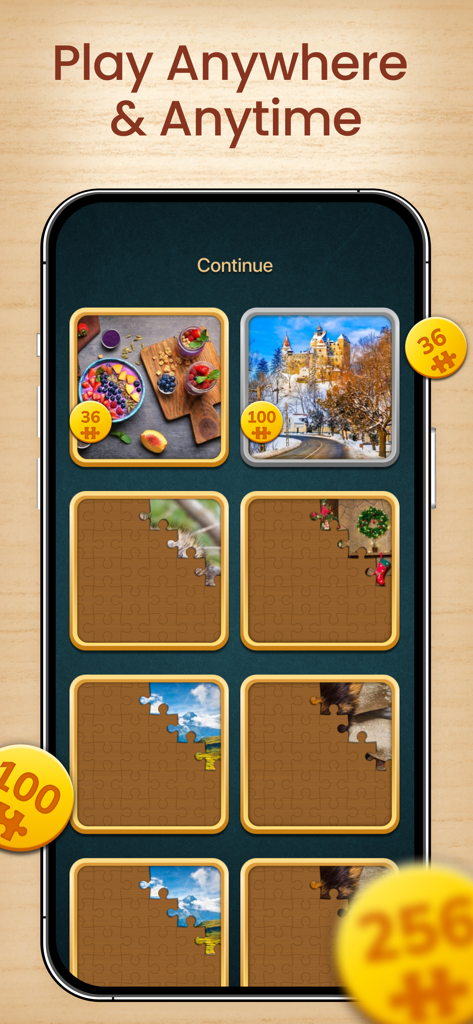 Jigsaw Puzzle HD - Brain Games - Tela de telefone celular mostrando uma galeria de quebra-cabeças de alta definição com diferentes contagens de peças e temas como comida e natureza.