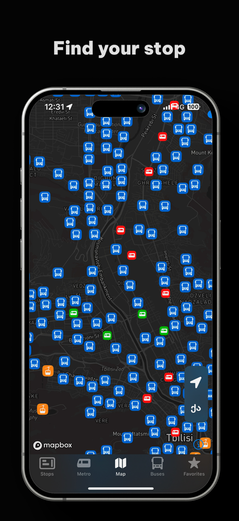 Map view of Tbilisi Bus App showing transit stops in the city