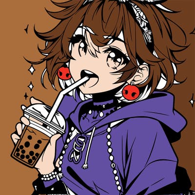 hot baddie anime girl drinking boba and biting the straw