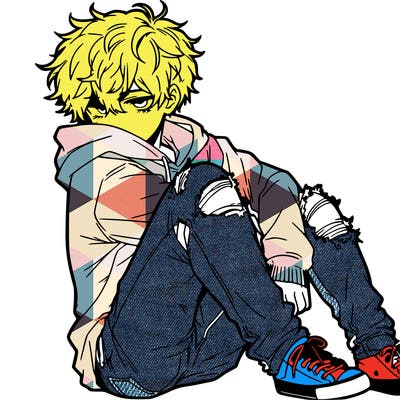 a male hoddie ripped jeans messy hair anime