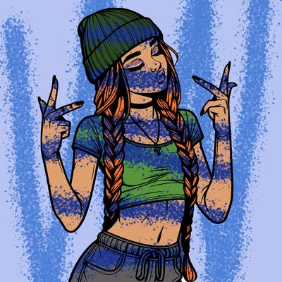 realistic teenage girl with braids and a beanie and crop top doing 🫶🏼