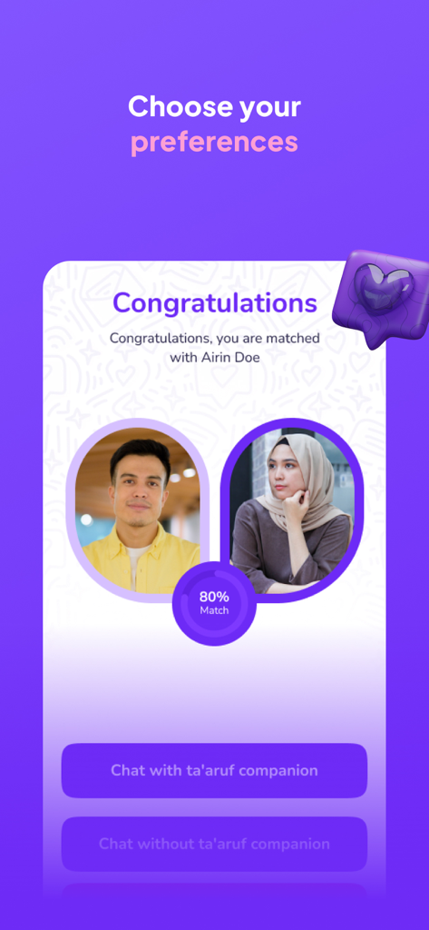 Hijra Taaruf app screen showing a match result between two users with options for guided taaruf chat