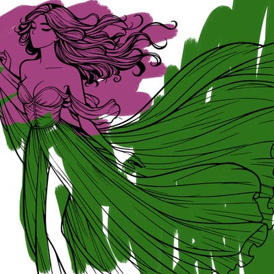 realistic woman in dress flowing the the wind