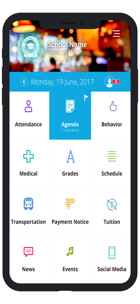 Tableau de bord principal de l'application mobile EduFlag V2 montrant des icônes pour la présence scolaire, les notes, l'agenda et les frais de scolarité