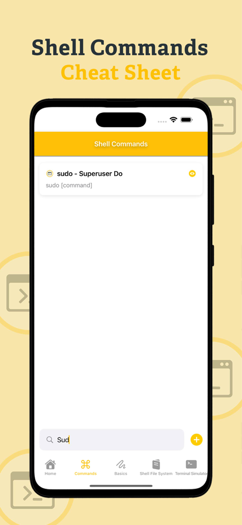 Écran d'iPhone affichant l'application Fiche de commandes Shell avec un résultat de recherche pour la commande sudo.
