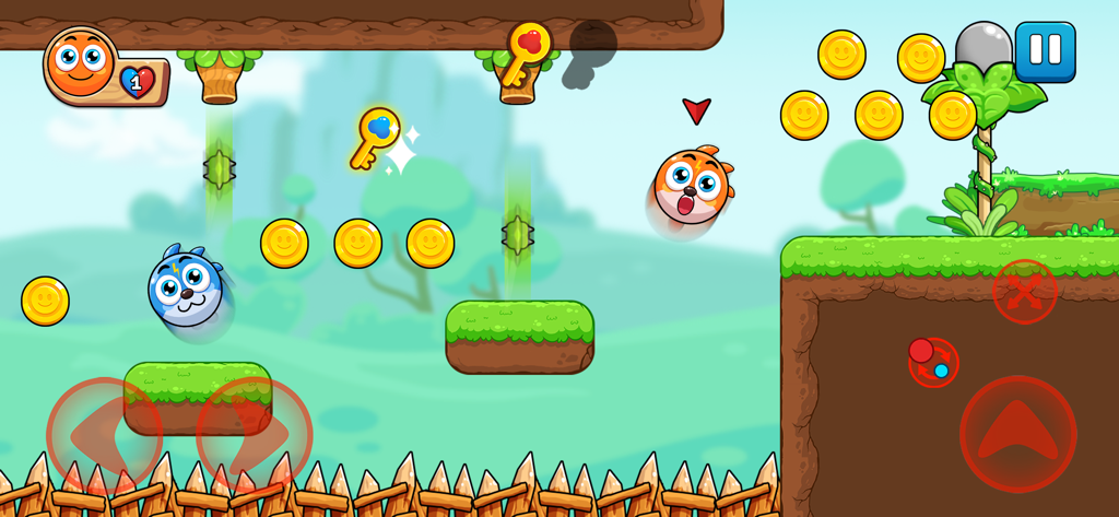 Red and Blue: Ball Heroes - Red and Blue Ball Heroes characters navigating a puzzle platformer level with coins and spikes