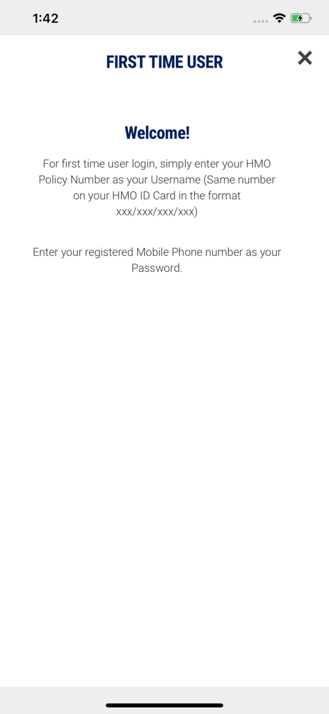 Schermata di benvenuto per i nuovi utenti dell'app mobile Prohealth HMO con istruzioni di accesso utilizzando il numero di polizza e il numero di telefono.
