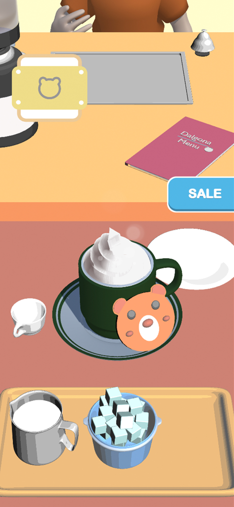Cafe Master - Gameplay of Cafe Master showing a cozy coffee cup with whipped cream and a bear cookie on a counter.