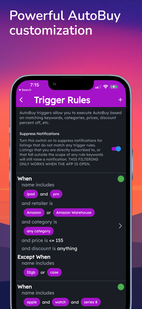 Inventory Bot - 自動アイテム追跡および購入のための自動購入トリガー規則の設定を示す在庫ボットモバイルアプリインターフェイス。