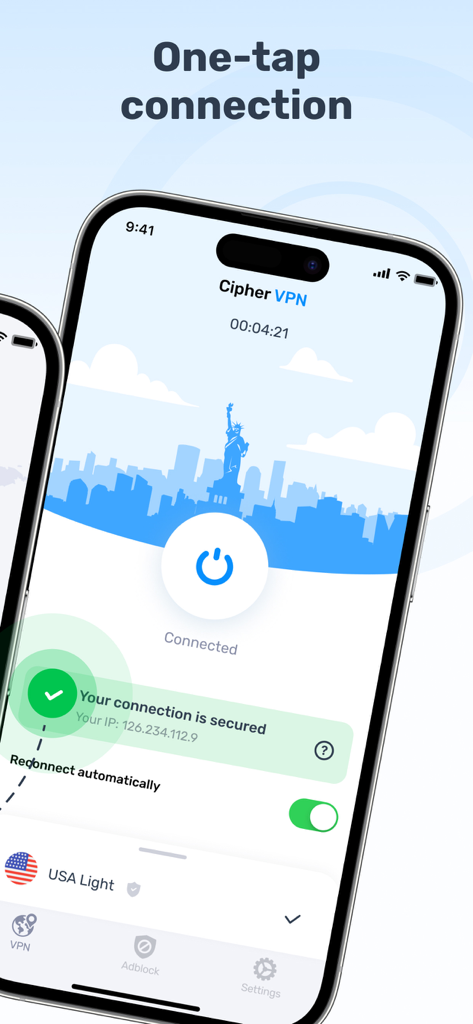 Cipher VPN  - Proxy Master - Cipher VPN app interface on an iPhone showing a secured one-tap connection and status.