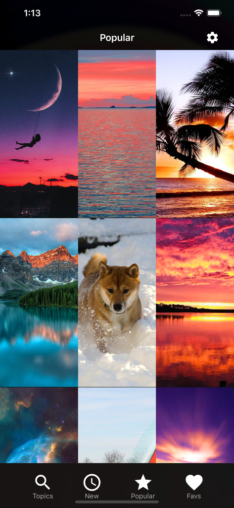 Wallpapers HD for iPhone! - Una cuadrícula de fondos de pantalla populares de alta definición para iPhone que muestran paisajes naturales, el espacio y un perro en la nieve.