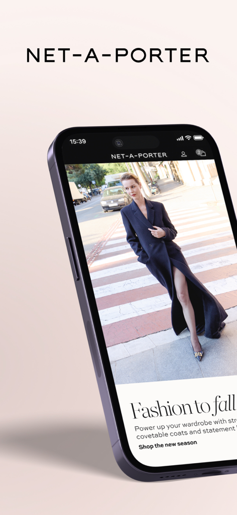 The NET-A-PORTER mobile app interface on an iPhone showing a luxury fashion editorial.