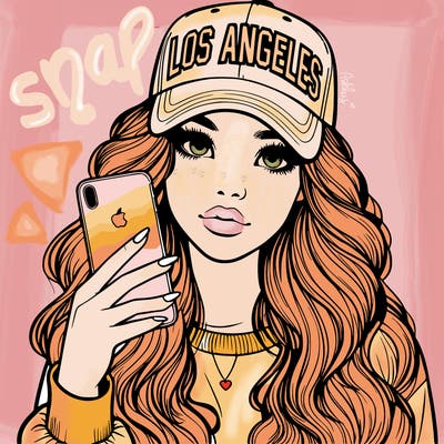 realistic beautiful girl wearing los ángeles cap holding an iphone