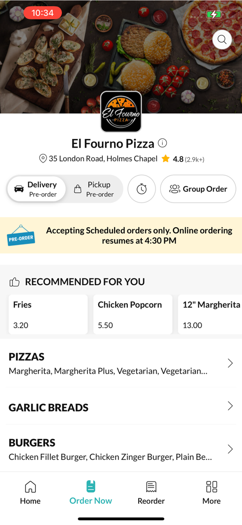 El Fourno Pizza - El Fourno Pizza mobile app home screen showing food menu categories and order options