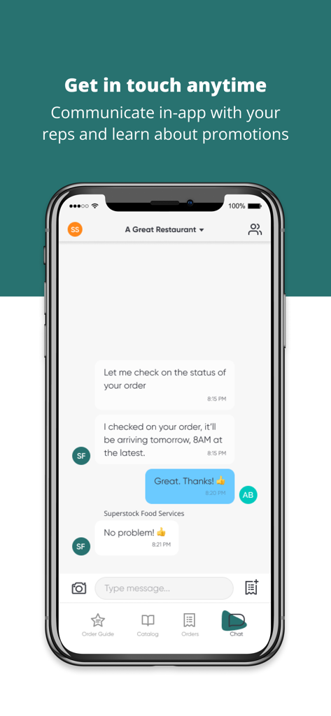 Superstock Food Services - In-app chat screen of Superstock Food Services showing a customer representative confirming an order delivery time to a restaurant user.
