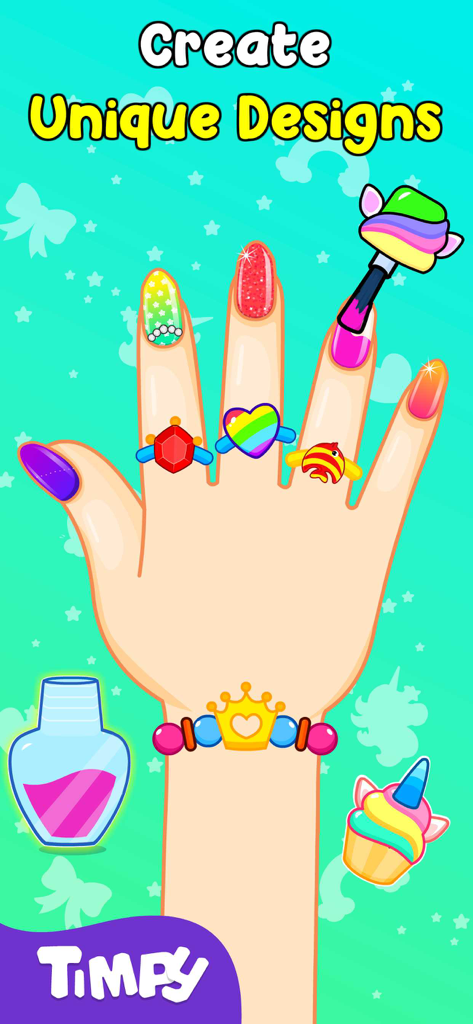 Nail Art Salon Games For Girls - Mão colorida com unhas decoradas, anéis e joias no jogo Timpy Nail Art Salon