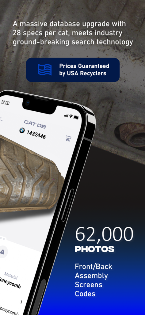 Cat DB app interface showing a 3D model and photos of a catalytic converter.