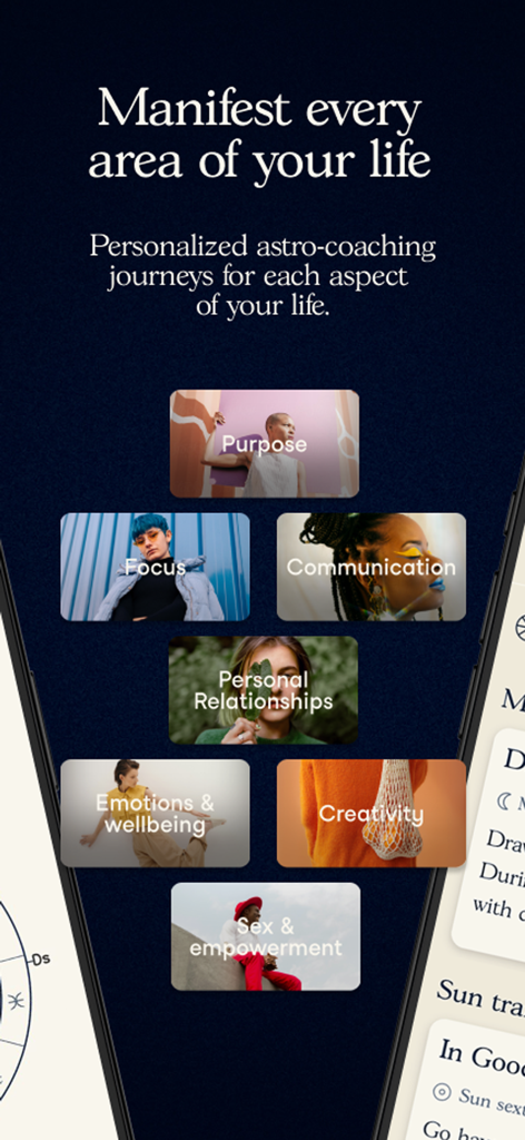 Soulloop app screen displaying personalized astro-coaching categories for different life areas including purpose and communication