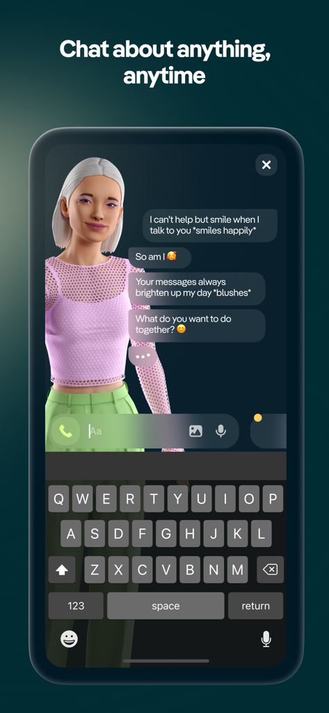 Interfaz de chat de la aplicación móvil Replika con un avatar 3D personalizado y una conversación de IA de apoyo.