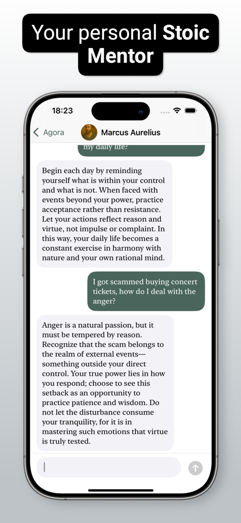 Stoicism - Praxis - Smartphone screen displaying a chat session with an AI Marcus Aurelius mentor providing Stoic advice in the Praxis app