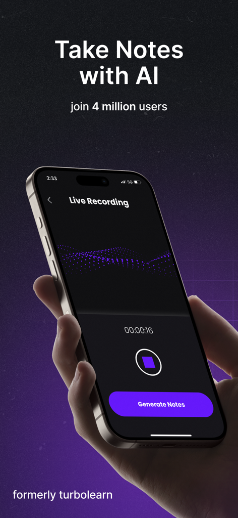 Turbo AI app interface showing a live recording session and a button to generate notes using AI on a smartphone