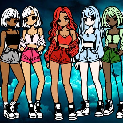 a group of girls wearing crop tops and shorts